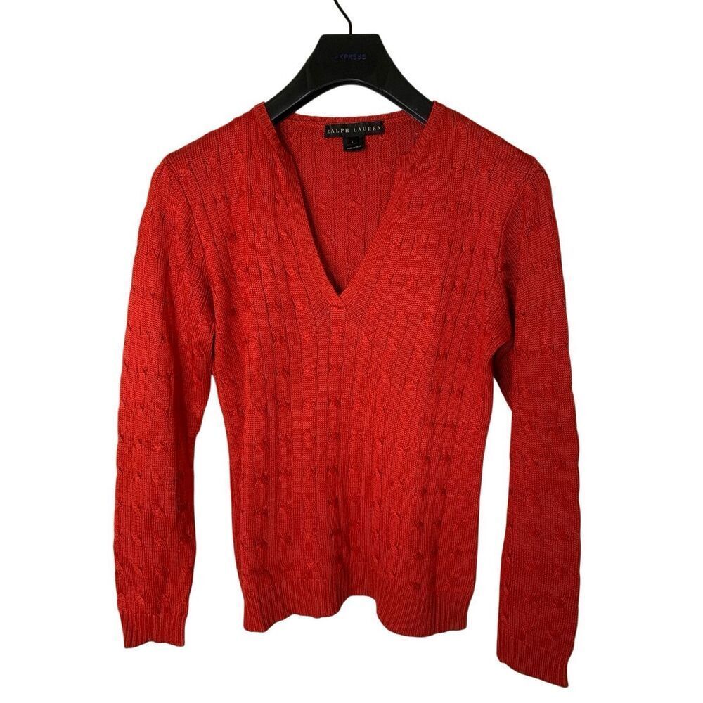 Ralph Lauren black label 100% silk v neck cable knit sweater red women's large